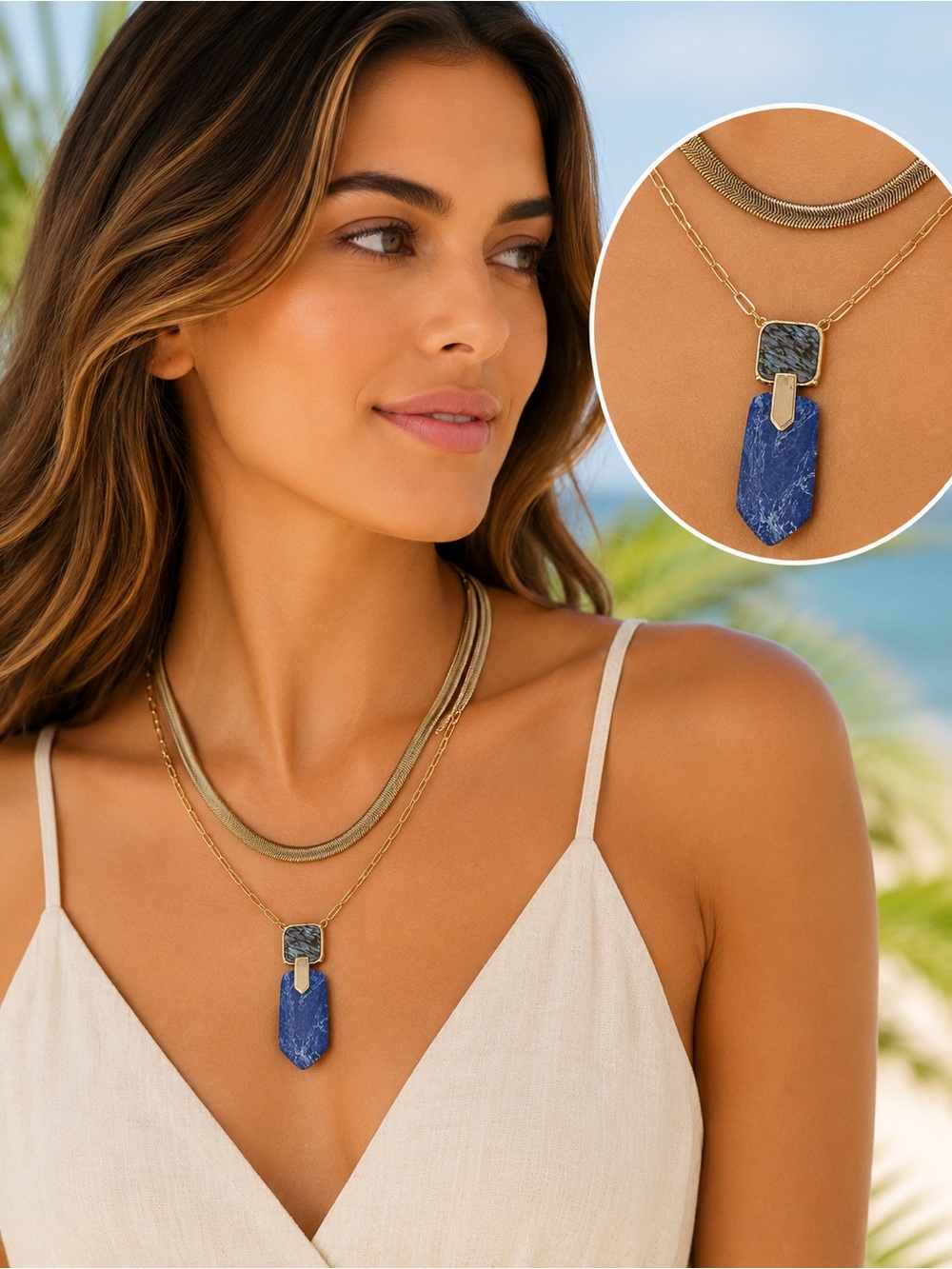 Laundry By Shelli Segal Layered Blue Stone Pendant Necklace (LR111-5)